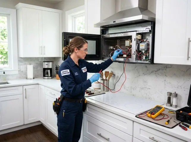 Appliance Repair Hero technician testing an over-the-range microwave in a Barryton, MI kitchen